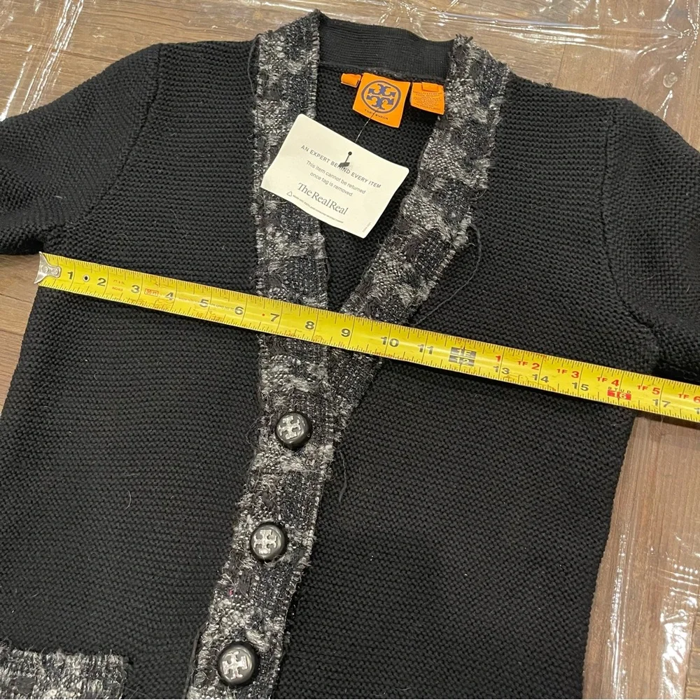 Tory Burch Black Cardigan Sweater with V-neck and Floral Trim - Picture 10 of 14